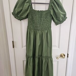 Green Smocked Sundress with Puff Sleeves for Wedding Guest